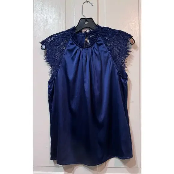 NWT Generation Love Charolette Navy Blue Silk Lace Sleeve Blouse Top Size S - Picture 3 of 10